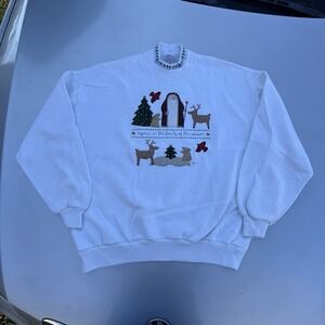 90s Valorie's Folk Art Applique Christmas White Festive Grandma Sweatshirt XL
